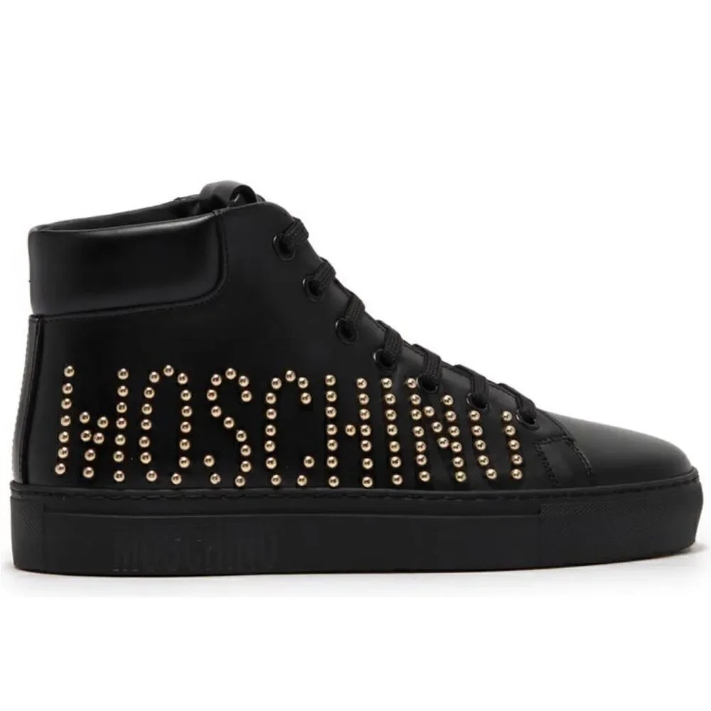 Moschino Women’s High Top logo studded leather black sneaker size 7, NIB - Picture 2 of 12